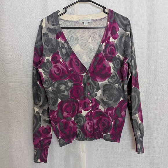 Merona Floral Women's Cardigan V Neck Medium Cotton Button Down - Picture 1 of 10